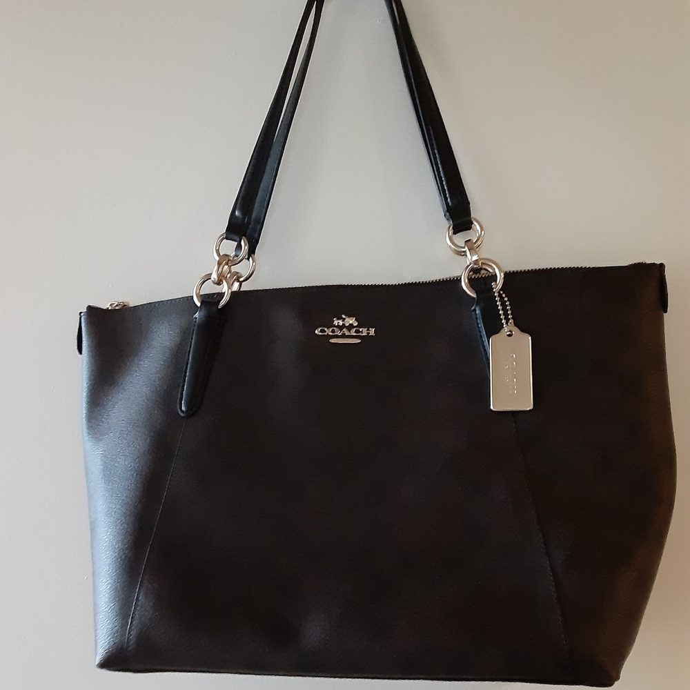 Coach tote bag: Gold/Brown Black Signature coated canvas and smooth leather